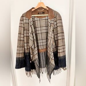 Plaid vintage Fringe Cape with sleeves- Brown and Black